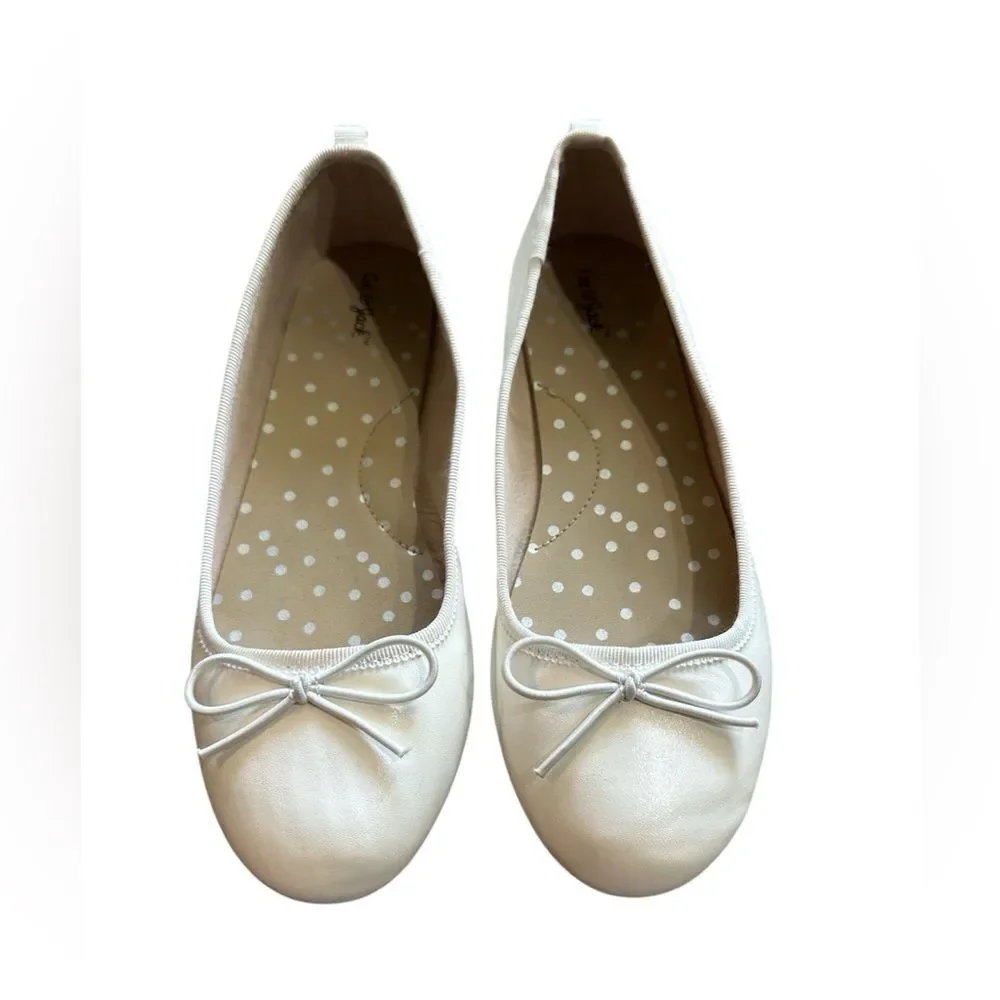 Cat & Jack Girls Sz 3 White Leather Ballet Round Toe Flats with Decorative Bow